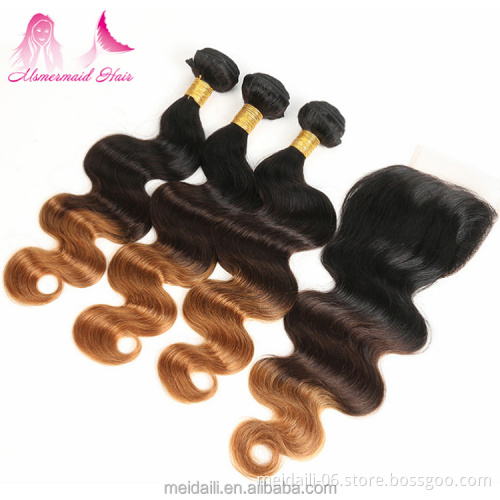 1b/4/27 ombre body wave hair virgin peruvian sew in human hair weave 3 hair bundles with 4*4 closure